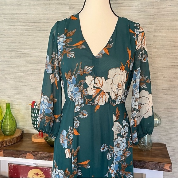 Eva Mendes Green Floral Maxi Dress Balloon Sleeves Empire Waist Woman’s Size XS - Picture 2 of 8